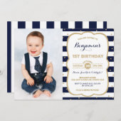 ネイビー金ゴールドボーイ1st誕生日招待状プリンスパーティー 招待状 (正面/裏面)