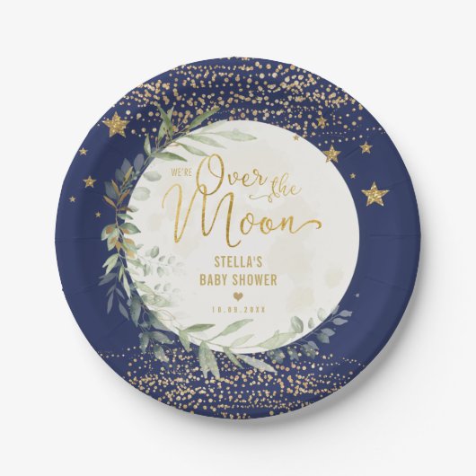 ネイビー金ゴールドムーン&スターズグリーンリーベビーシャワー ペーパープレート (正面)