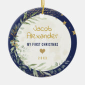 ネイビー金ゴールドムーン&スターズベビー1stクリスマス セラミックオーナメント (正面)
