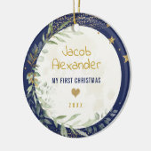 ネイビー金ゴールドムーン&スターズベビー1stクリスマス セラミックオーナメント (左)