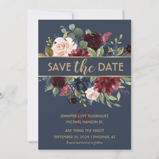 ネイビー金ゴールドメルロフローラ開花保存日 招待状 (正面)