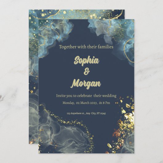 ネイビー金ゴールドモダン結婚式招待状 シーズンカード (正面/裏面)