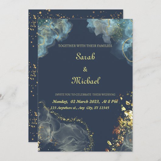 ネイビー金ゴールドモダン結婚式招待状 招待状 (正面/裏面)