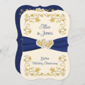 ネイビー金ゴールドラブハート50結婚周年 招待状 (正面/裏面)