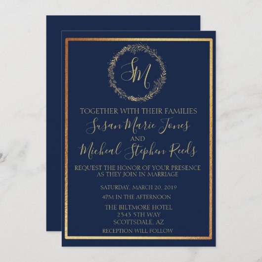 ネイビー金ゴールドリースモノグラム結婚書道 招待状 (正面/裏面)