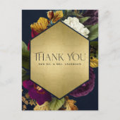 ネイビー金ゴールドレトロブルゴーニュ結婚フローラサンキュー ポストカード (正面)