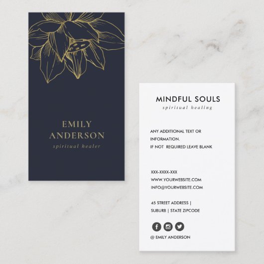 ネイビー金ゴールドローシンプルタス霊気スピリチュアル治療機 名刺 (正面/裏面)