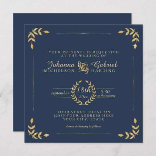 ネイビー金ゴールドローレルリーフタイポグラフィ結婚ズ 招待状 (正面/裏面)