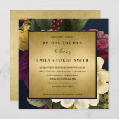 ネイビー金ゴールドヴィンテージブルゴーニュフローラブライダルシャワー 招待状 (正面/裏面)