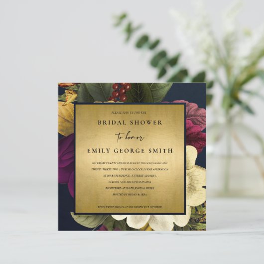ネイビー金ゴールドヴィンテージブルゴーニュフローラブライダルシャワー 招待状 (スタンド正面)