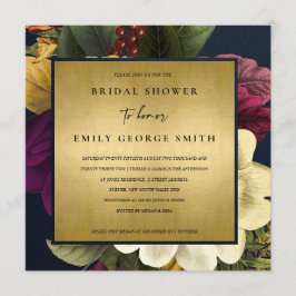 ネイビー金ゴールドヴィンテージブルゴーニュフローラブライダルシャワー 招待状