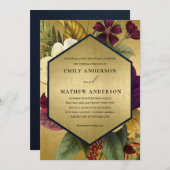 ネイビー金ゴールドヴィンテージブルゴーニュフローラ結婚ズ 招待状 (正面/裏面)