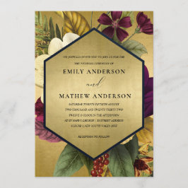 ネイビー金ゴールドヴィンテージブルゴーニュフローラ結婚ズ 招待状