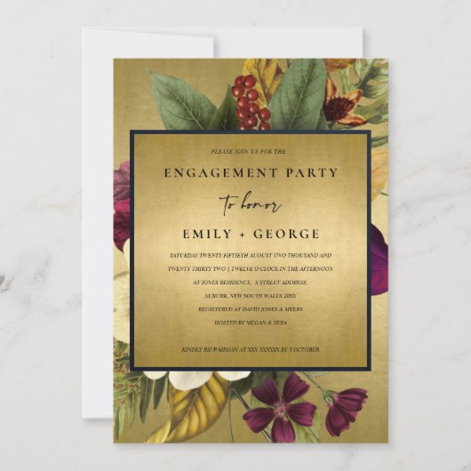 ネイビー金ゴールドヴィンテージレトロブルゴーニュフローラ婚約 招待状 (正面)