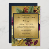 ネイビー金ゴールドヴィンテージレトロブルゴーニュフローラ婚約 招待状 (正面/裏面)