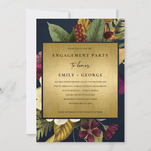 ネイビー金ゴールドヴィンテージレトロブルゴーニュフローラ婚約 招待状 (正面)