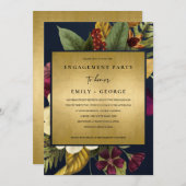 ネイビー金ゴールドヴィンテージレトロブルゴーニュフローラ婚約 招待状 (正面/裏面)