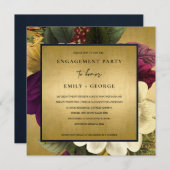 ネイビー金ゴールドヴィンテージレトロブルゴーニュフローラ婚約 招待状 (正面/裏面)