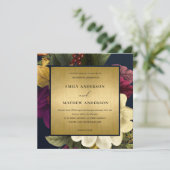 ネイビー金ゴールドヴィンテージレトロブルゴーニュ結婚フローラ 招待状 (スタンド正面)