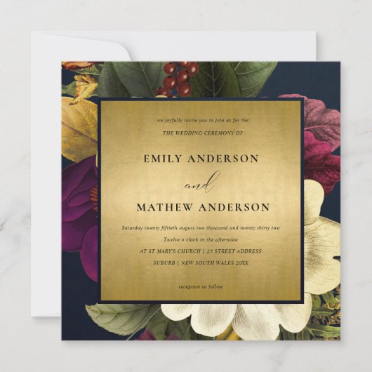 ネイビー金ゴールドヴィンテージレトロブルゴーニュ結婚フローラ 招待状 (正面)