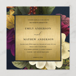 ネイビー金ゴールドヴィンテージレトロブルゴーニュ結婚フローラ 招待状