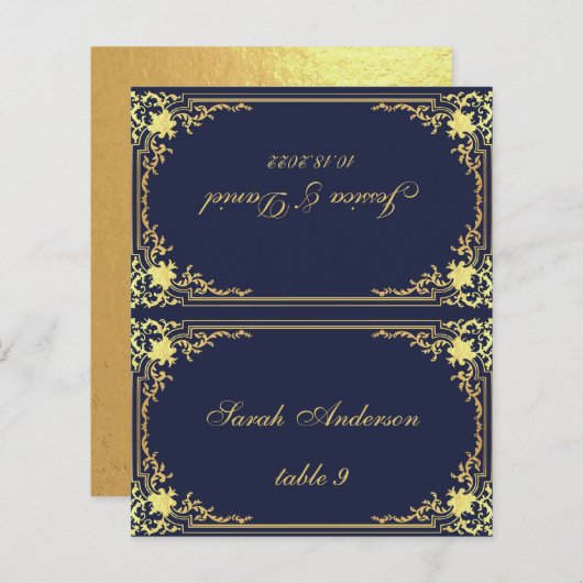 ネイビー金ゴールドヴィンテージ印刷名結婚の座席表 (正面/裏面)