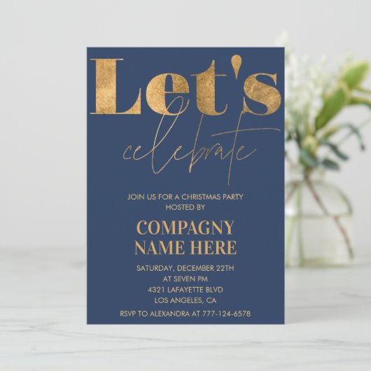 ネイビー金ゴールド会社クリスマスパーティーレッツ祝 招待状 (スタンド正面)