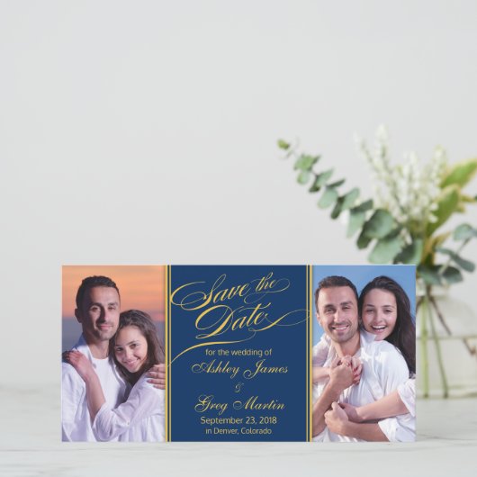 ネイビー金ゴールド写真コラージュ結婚式の日付を保存 セーブザデート (スタンド正面)