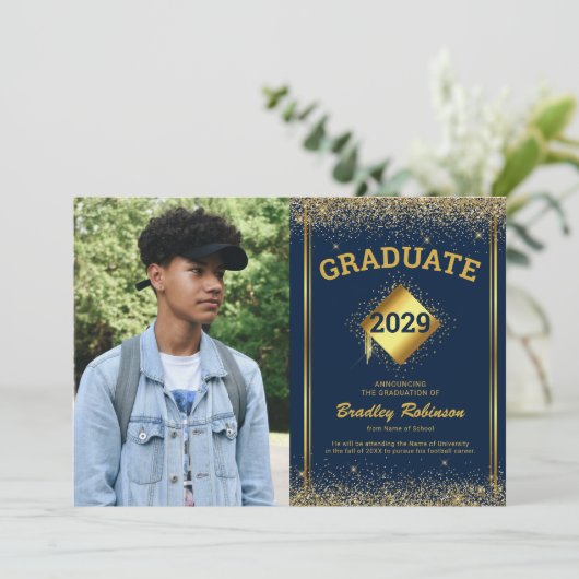 ネイビー金ゴールド写真卒業発表 案内状 (スタンド正面)