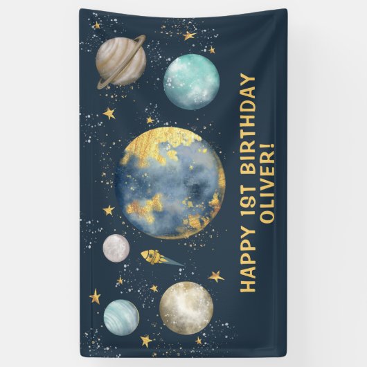 ネイビー金ゴールド宇宙銀河系ムーンスターズ誕生日 横断幕 (縦)