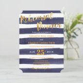 ネイビー金ゴールド水の色ストライプのリハーサルディナー 招待状 (スタンド正面)