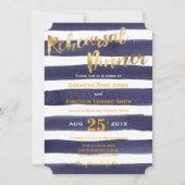 ネイビー金ゴールド水の色ストライプのリハーサルディナー 招待状 (正面)