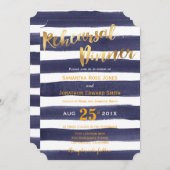 ネイビー金ゴールド水の色ストライプのリハーサルディナー 招待状 (正面/裏面)