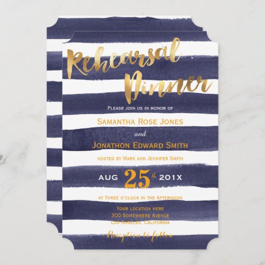 ネイビー金ゴールド水の色ストライプのリハーサルディナー 招待状 (正面/裏面)