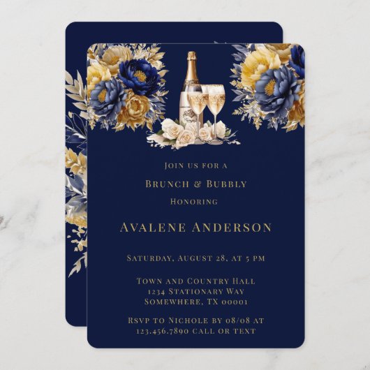 ネイビー金ゴールド水色牡丹ブランチとバブリー 招待状 (正面/裏面)