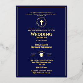 ネイビー金ゴールド結婚カソリッエレガントクフォーマルスモダンの 箔招待状