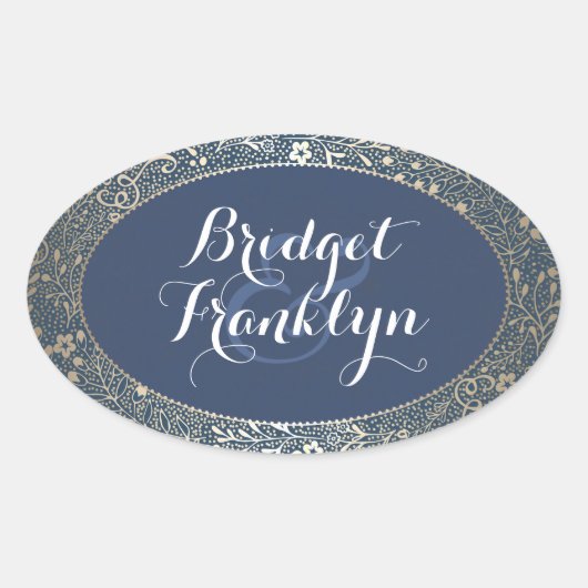 ネイビー金ゴールド結婚フローラ 楕円形シール (正面)