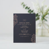 ネイビー金ゴールド結婚植物学青い日付を保存 ポストカード (スタンド正面)