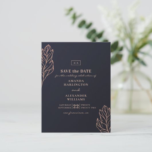 ネイビー金ゴールド結婚植物学青い日付を保存 ポストカード (スタンド正面)