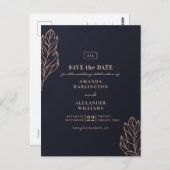 ネイビー金ゴールド結婚植物学青い日付を保存 ポストカード (正面/裏面)