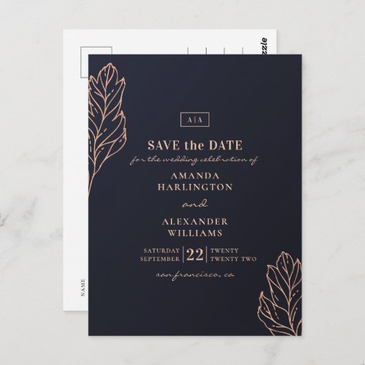 ネイビー金ゴールド結婚植物学青い日付を保存 ポストカード (正面/裏面)