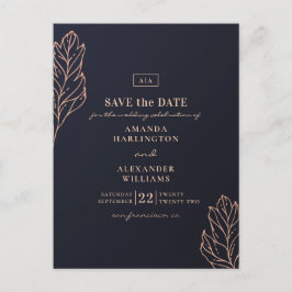 ネイビー金ゴールド結婚植物学青い日付を保存 ポストカード