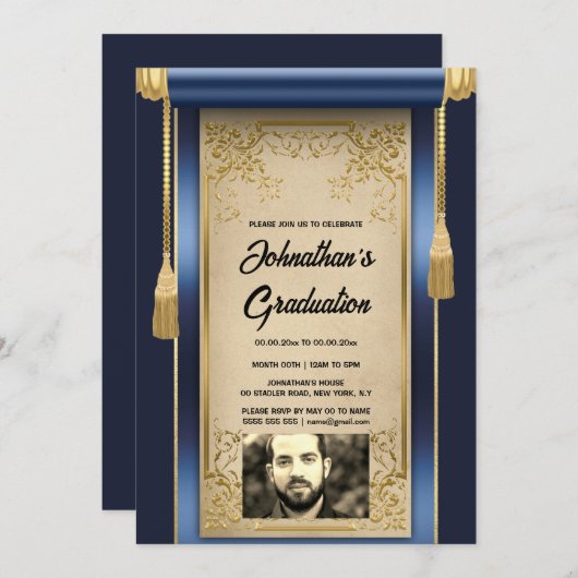 ネイビー金ゴールド絵巻と写真男達の卒業式 招待状 (正面/裏面)