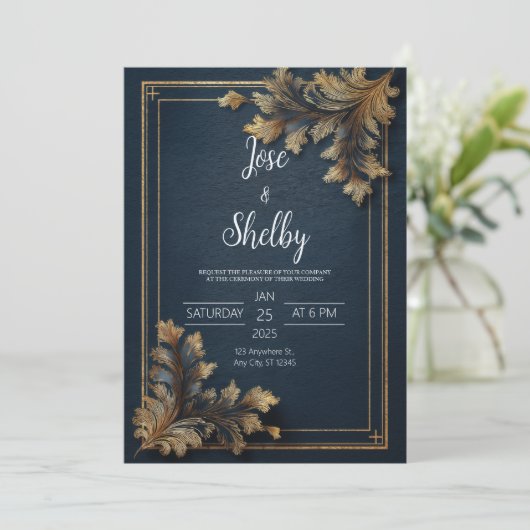 ネイビー金ゴールド華美フローラ結婚式招待状 招待状 (スタンド正面)
