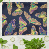 ネイビー金ゴールド蝶グリッター水色パターン キッチンタオル (折り畳み)