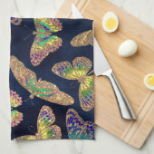 ネイビー金ゴールド蝶グリッター水色パターン キッチンタオル (四つ折り)