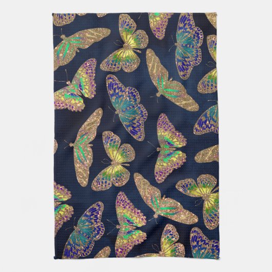 ネイビー金ゴールド蝶グリッター水色パターン キッチンタオル (縦)