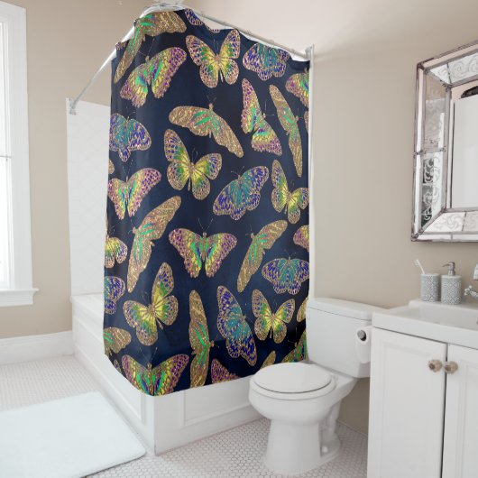 ネイビー金ゴールド蝶グリッター水色パターン シャワーカーテン (インサイチュ)