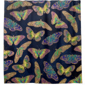 ネイビー金ゴールド蝶グリッター水色パターン シャワーカーテン (正面)