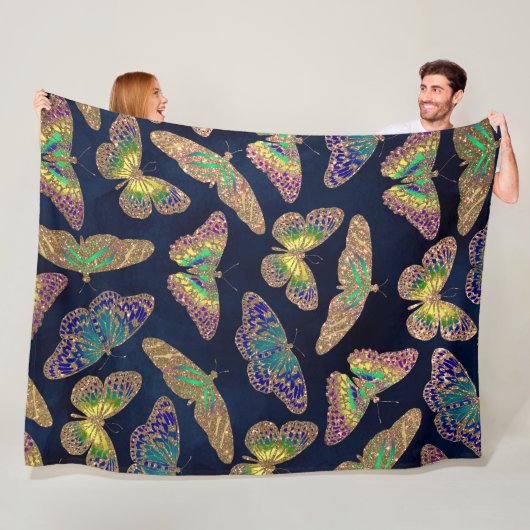 ネイビー金ゴールド蝶グリッター水色パターン フリースブランケット (インサイチュ)